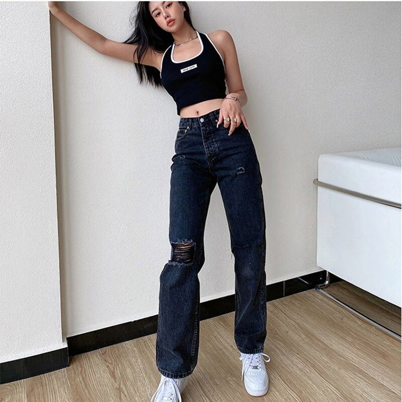 Ripped Jeans For Women Fashion Wide Legged Wash Water Ripped Casual Mid Waist Baggy Jeans Streetwear PӬѬ߬ լجڬ߬ 